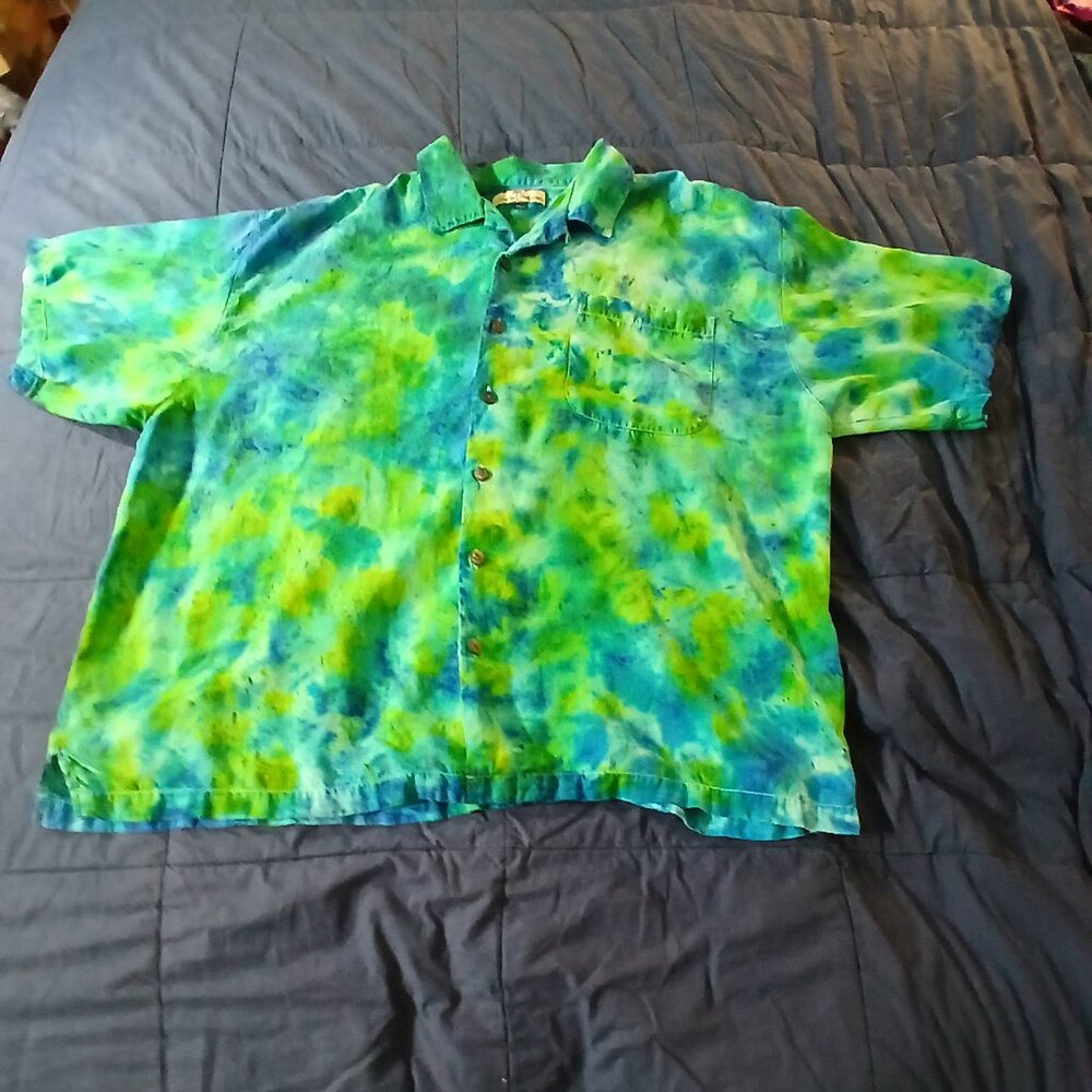 Tie Dyed Blue & Green 100% Silk Camp Shirt